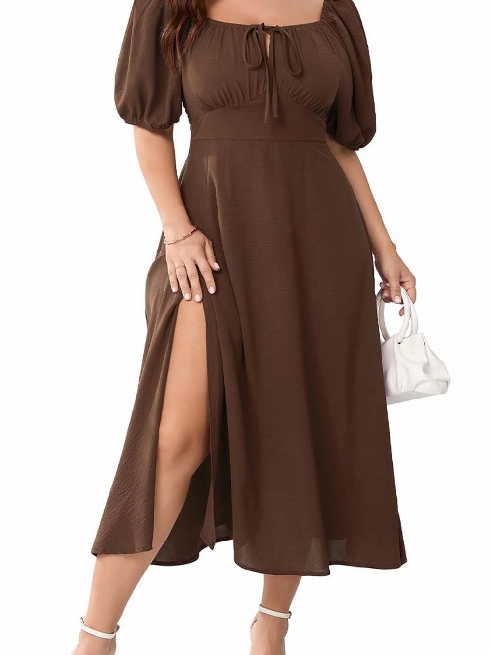 Brown Midi Dress with Puff Sleeves and High Side Slit